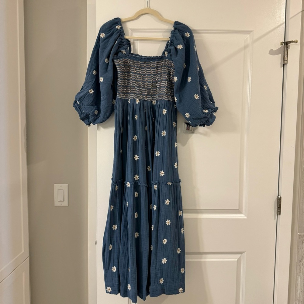 Free People Dahlia Embroidered Maxi Dress in “Coastal Combo”